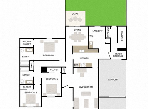 Floor plan for 3 beds, 2 baths, 1475 sqft
